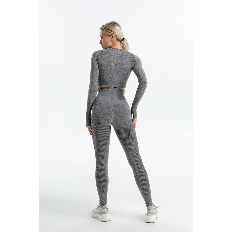 Seamless charcoal marl longsleeve top and leggings set back 