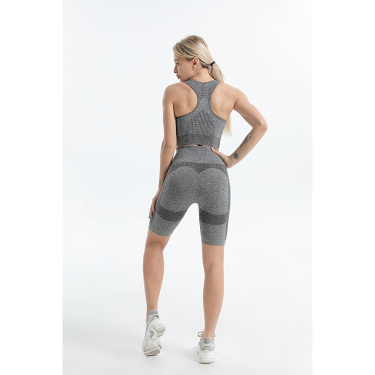 Seamless charcoal sports bra and bike shorts sets back 