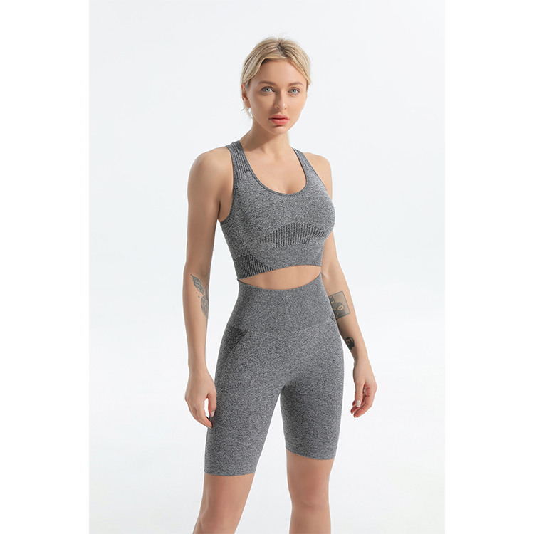 Seamless charcoal sports bra and bike shorts sets back top 
