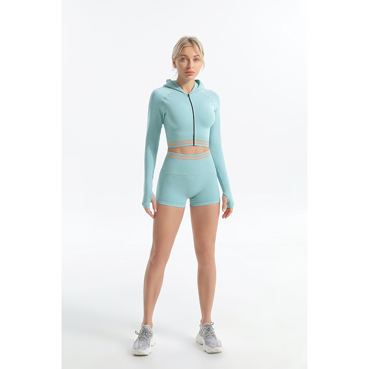 Seamless longsleeve top with zipper closure and bike short sets