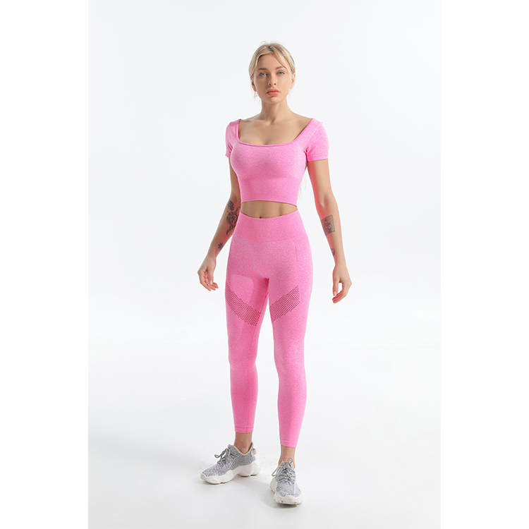 Seamless marl short sleeve crop top and leggings sets