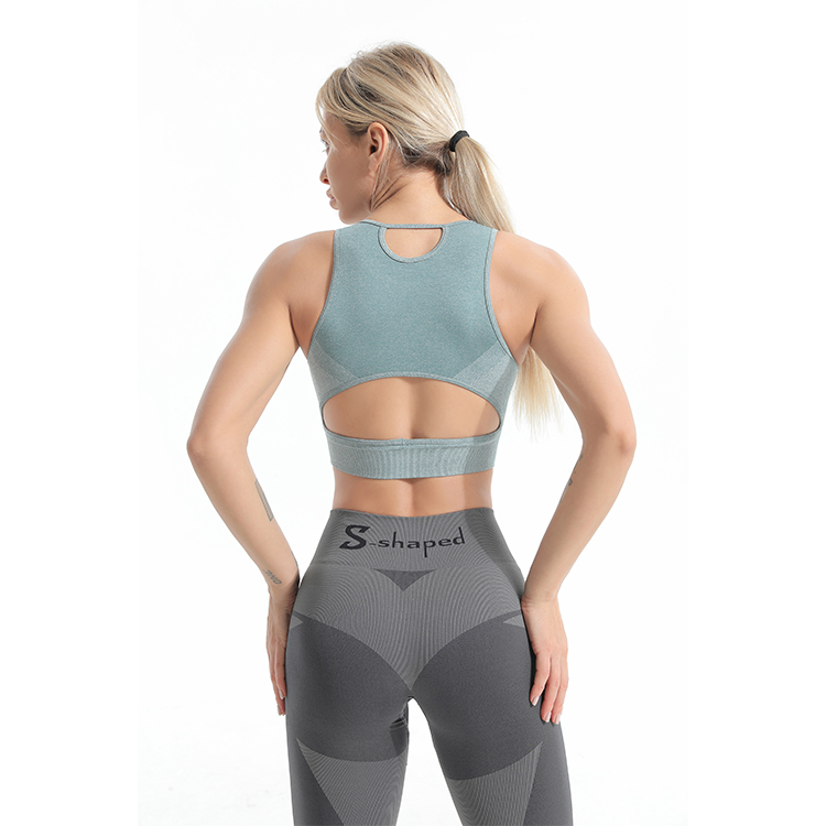 Seamless marl sports bra and logo jacquard leggings fitness set back 
