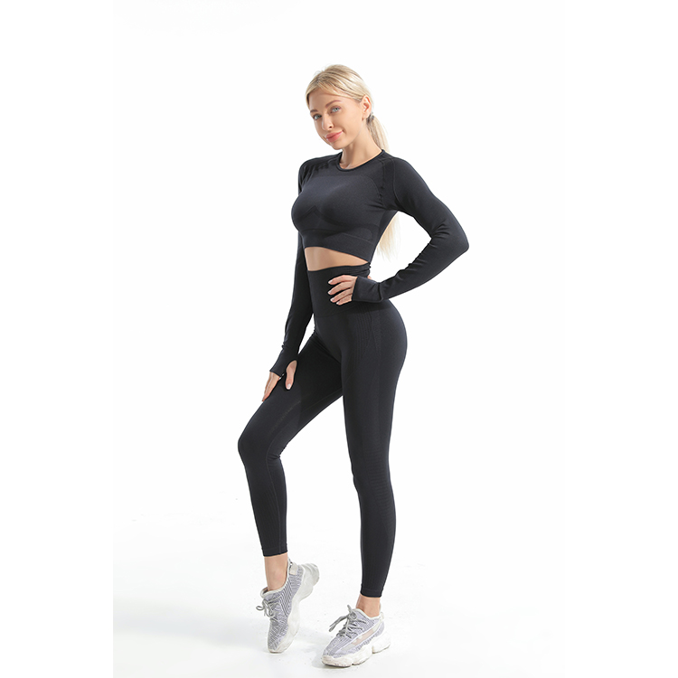 Black Seamless Longsleeve Crop Top and Legings - twinall